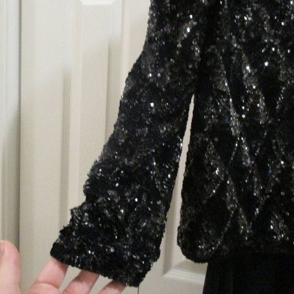 Vintage Black Covered Cocktail Jacket sz L Mandarin Collar - Picture 4 of 10